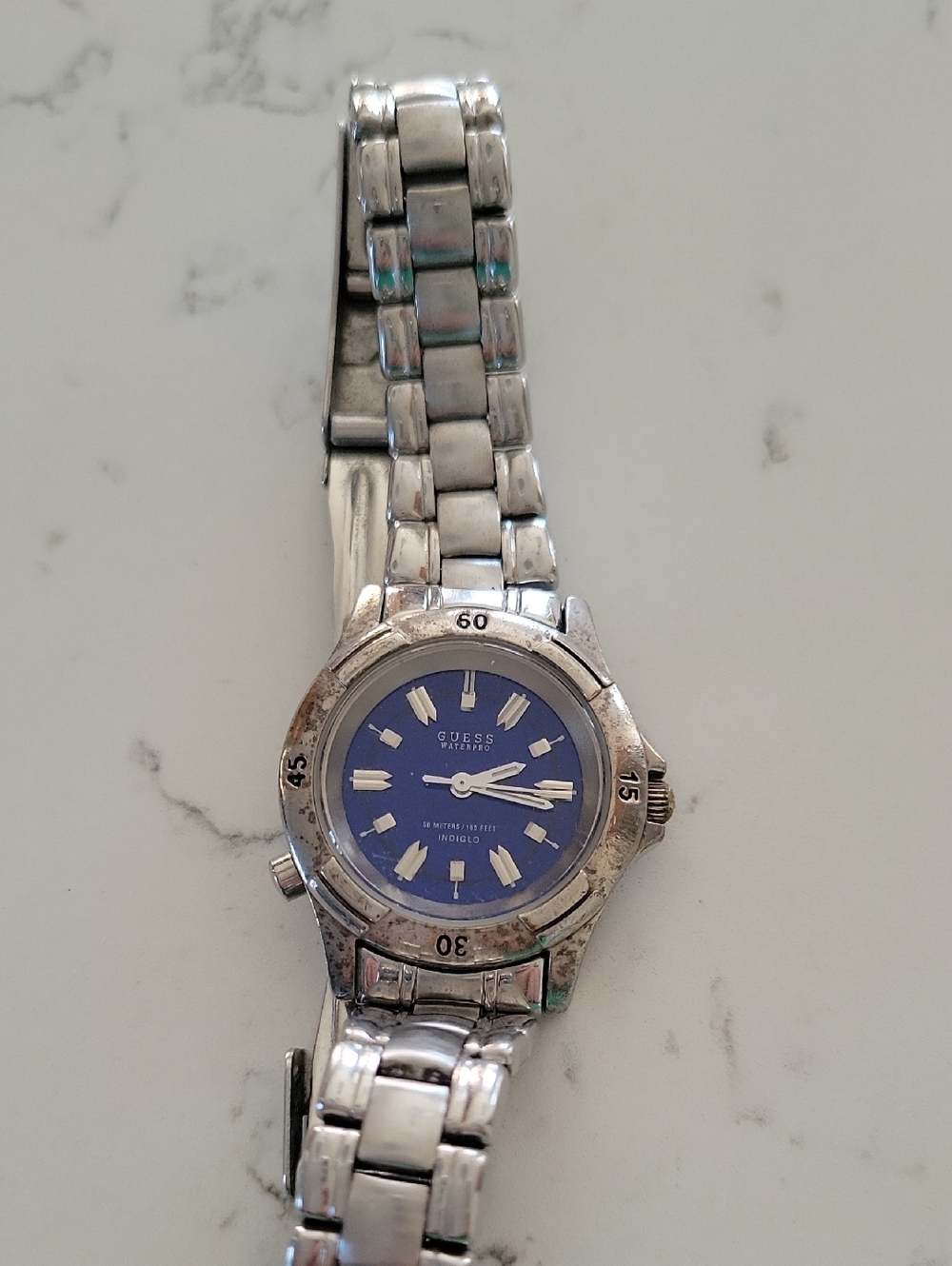 Guess Silver-Tone Bracelet Watch with Blue Dial